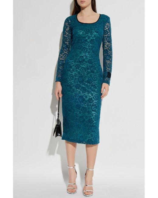 Versace Jeans Couture Blue Lace Dress With Long Sleeves