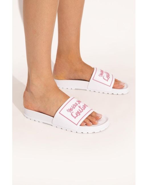 Versace Jeans Couture White Rubber Slides With A Raised Logo