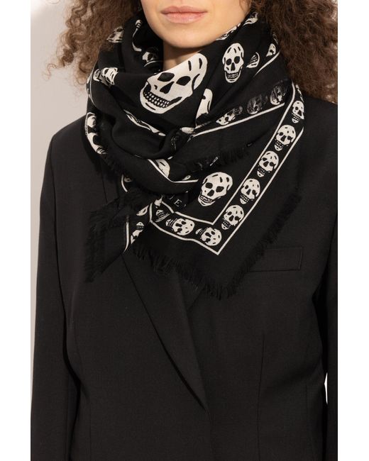 McQueen Black Wool Scarf With Skull Motif