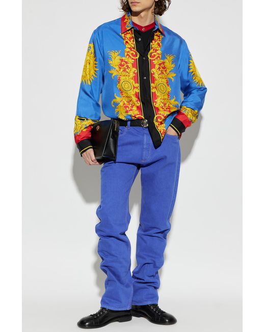 Versace Blue Silk Shirt With "The Sun" Print for men