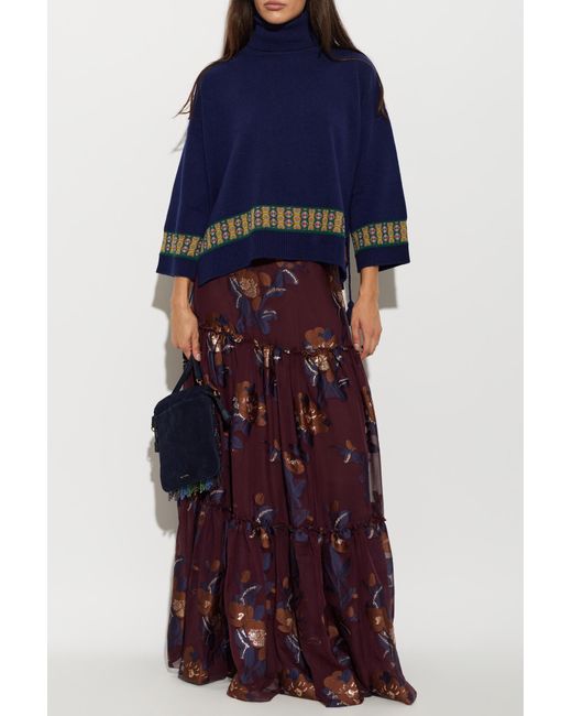 Etro Blue Turtleneck With Fringes On The Sides