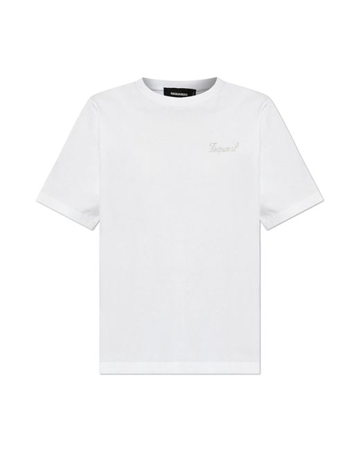 DSquared² White T-Shirt With Logo Finished With Shimmering Appliqués