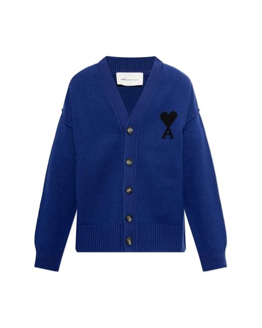 AMI Blue Wool Cardigan With Logo for men