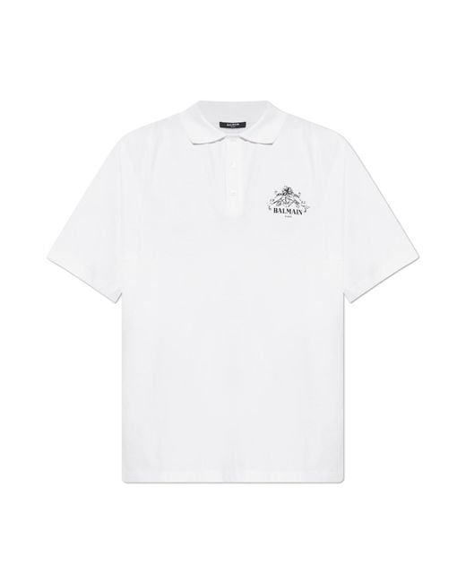 Balmain White Polo Shirt With Printed Logo for men