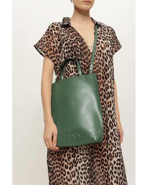 Ganni Green Leather Shopper Bag