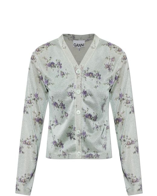 Ganni Gray Cardigan With A Floral Motif