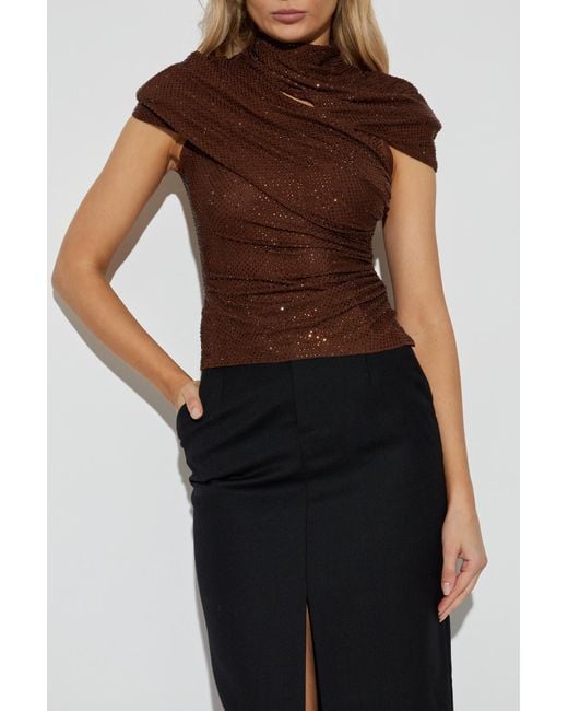 Self-Portrait Brown Top With Shimmering Appliqués