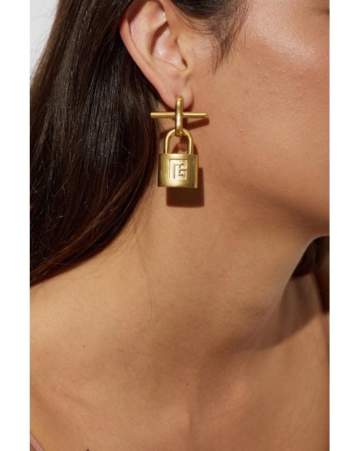 Balmain Metallic Earrings With Padlock Pendants