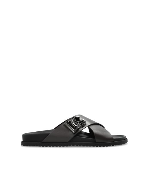 Dolce & Gabbana Black Leather Slides With Logo for men