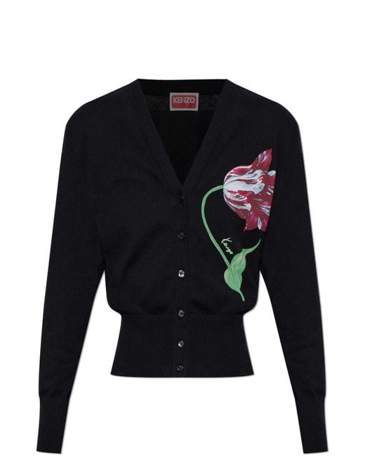 KENZO Black Cardigan With Floral Motif