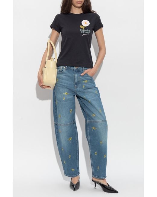 Ganni Black T-Shirt With Colorful Embroidery