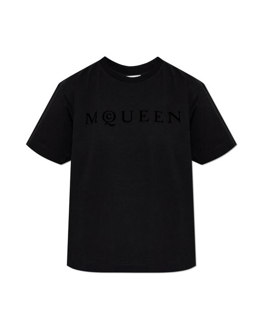 McQueen Black T-Shirt With A Logo And A Velvety Finish