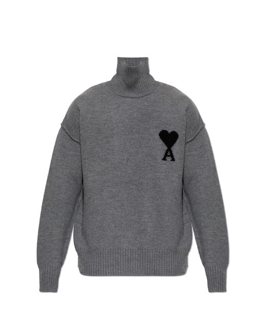 AMI Gray Wool Turtleneck With Logo for men