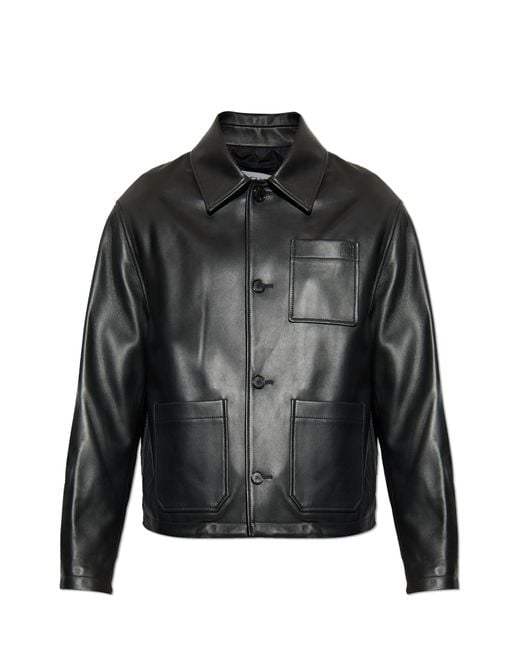 Loewe Black Leather Jacket With Embossed Logo On The Pocket for men