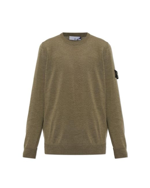 Stone Island Green Wool Sweater With Patch On Sleeve for men