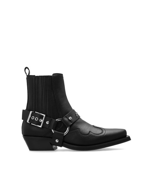 Ganni Black Leather Ankle Boots With Decorative Stitching