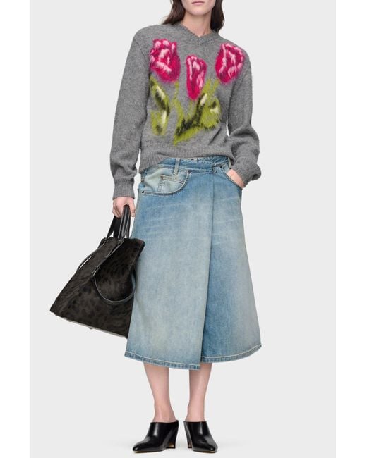 Maison Margiela Gray Wool Sweater With Floral Motif