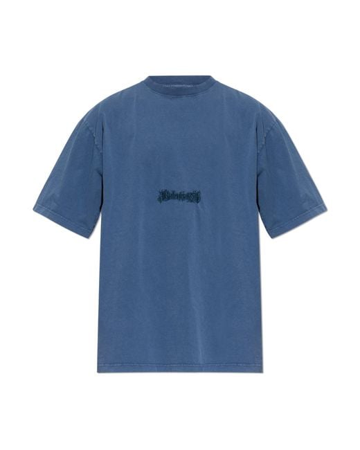Balenciaga Blue T-Shirt With Embroidered Logo for men