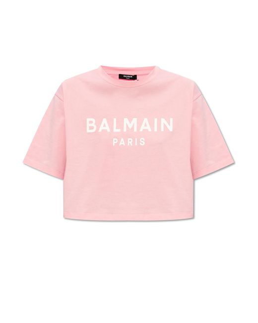Balmain Pink Cropped T-Shirt With Logo
