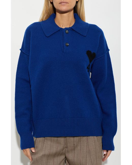 AMI Blue Wool Polo With Logo