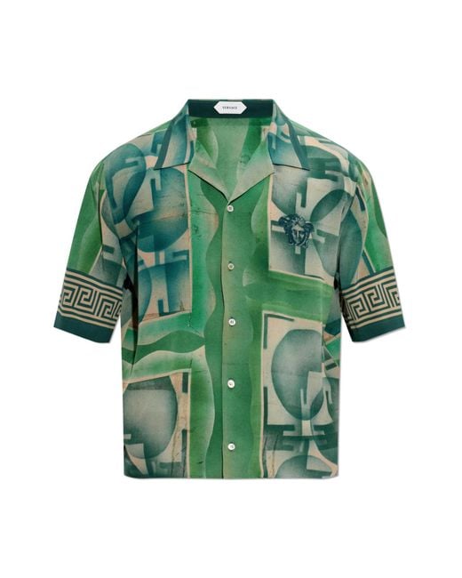 Versace Green Silk Shirt With "The Shapes" Print for men