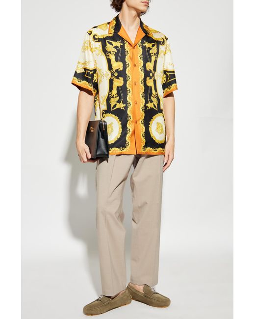 Versace Yellow Silk Short-Sleeve Shirt for men