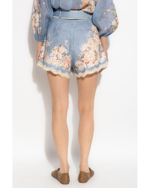 Zimmermann Blue Linen Shorts With Floral Motif,