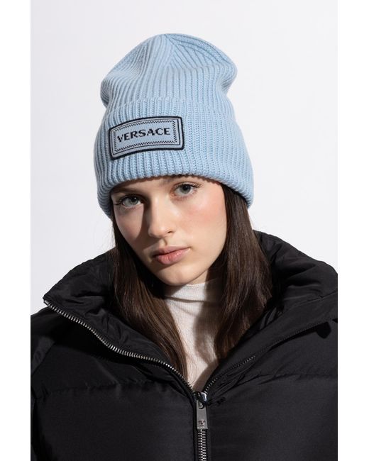 Versace Blue Wool Beanie With Logo Patch