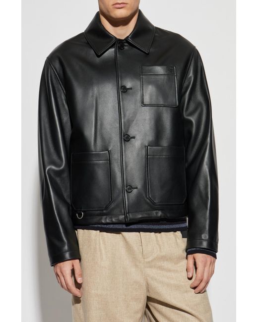Loewe Black Leather Jacket With Embossed Logo On The Pocket for men