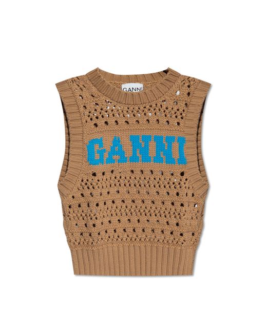 Ganni Blue Openwork Vest With Logo,