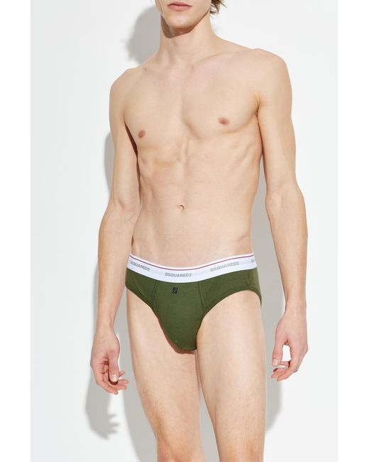 DSquared² Green Ribbed Briefs With Logo for men