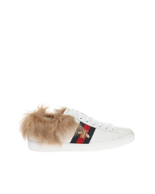 Gucci White New Ace Fur Sneakers