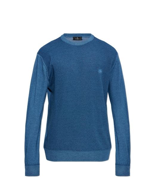 Etro Blue Wool Sweater With Embroidered Logo for men