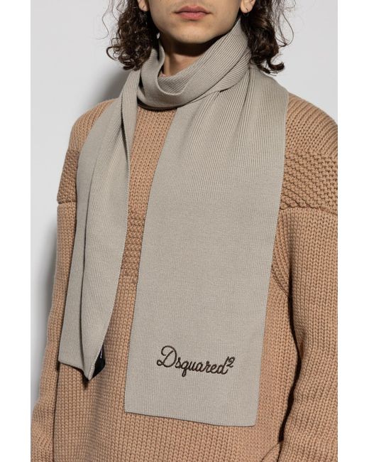 DSquared² Gray Wool Scarf With Embroidered Logo for men