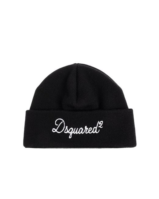 DSquared² Black Wool Beanie With Embroidered Logo for men
