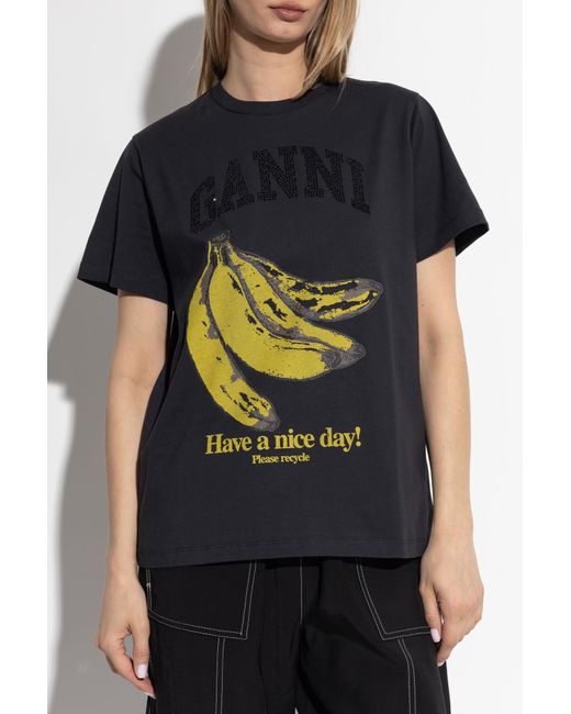 Ganni Black T-shirt With Colorful Print,