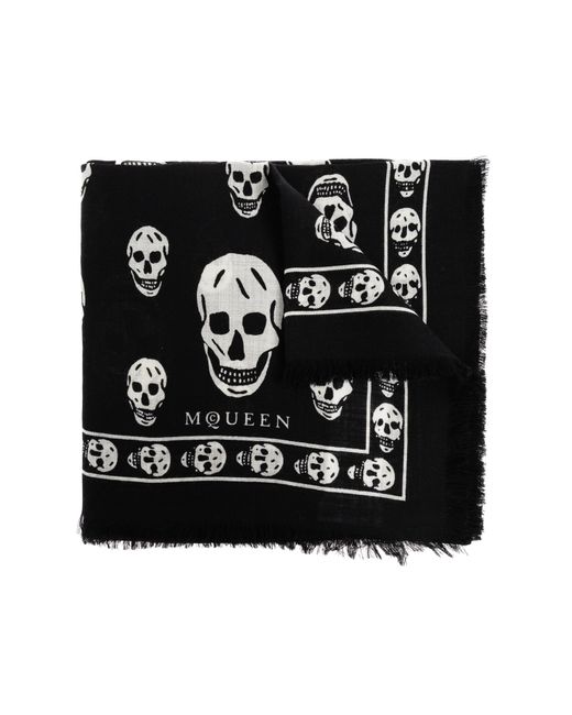 McQueen Black Wool Scarf With Skull Motif