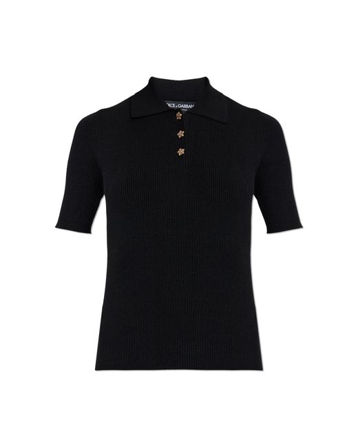 Dolce & Gabbana Black Ribbed Polo With Shimmering Buttons