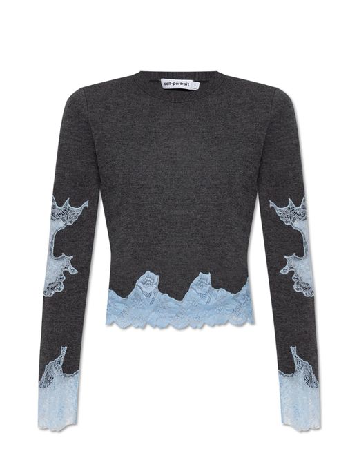 Self-Portrait Gray Sweater With Lace Inserts