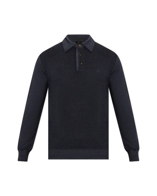 Etro Blue Wool Long-Sleeve Polo for men