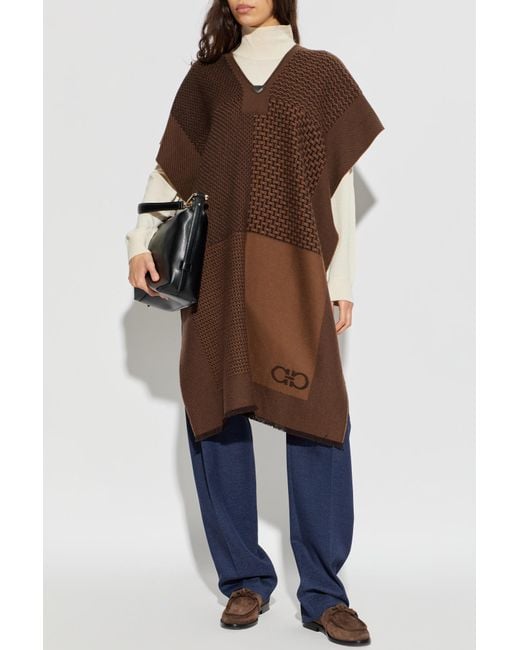 Ferragamo Brown Wool Poncho With Logo
