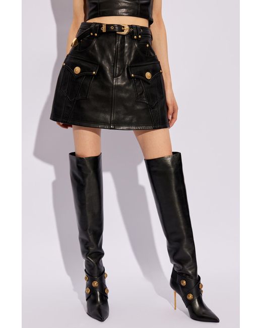 Balmain Black Leather Skirt,