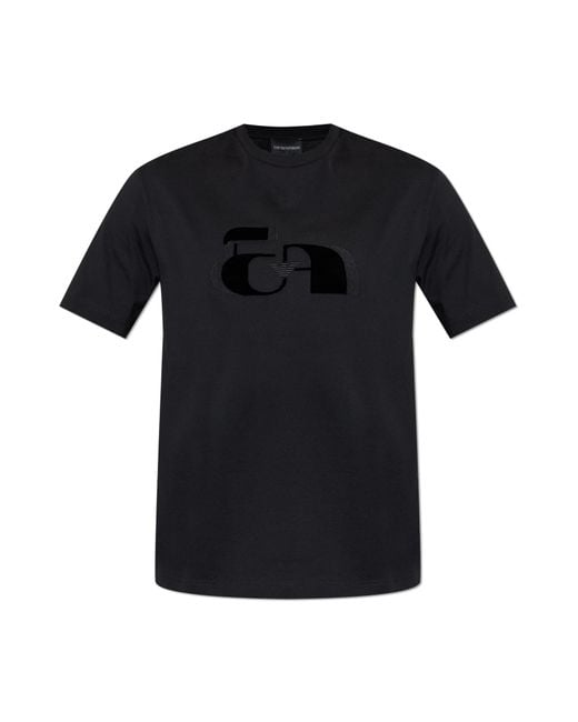 Emporio Armani Black T-Shirt With A Logo And A Velvet Finish for men