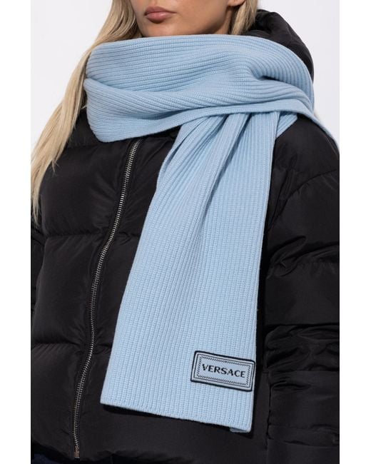 Versace Blue Wool Scarf With Logo Patch
