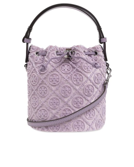 Tory Burch Purple Velvet T Monogram Mini Handbag In 'bucket Style,