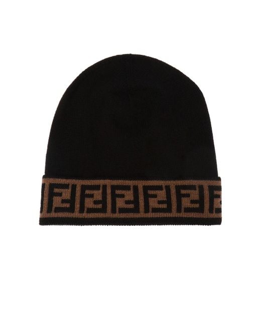 Fendi Black Ff Trim Fleece Wool Beanie for men