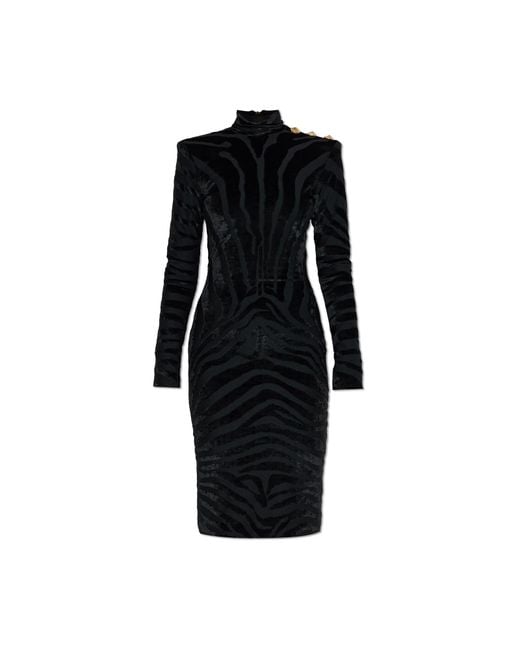 Balmain Black Dress With A Patterned Velvet Finish