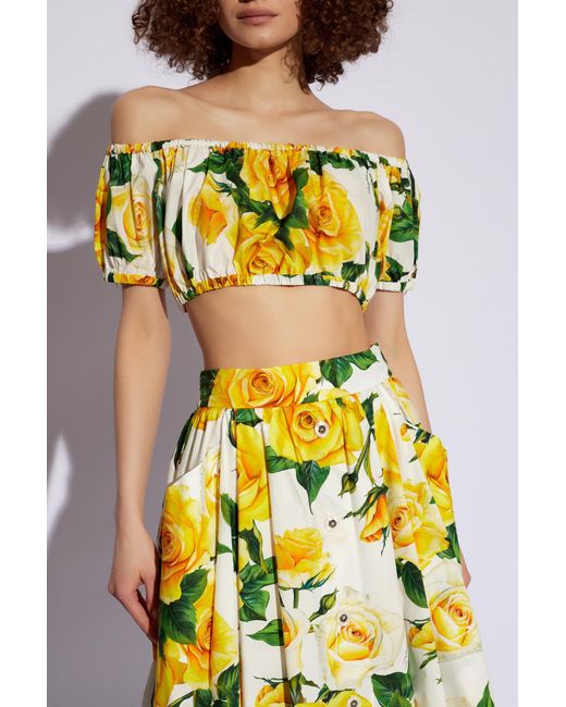Dolce & Gabbana Yellow Cropped Top With Floral Motif,