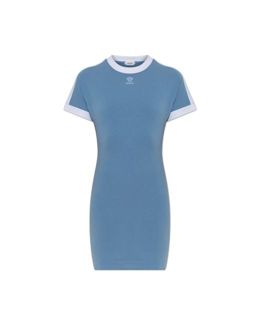 Versace Blue Dress With Embroidered Logo
