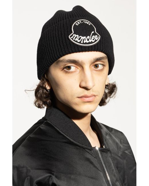 Moncler Black Wool Beanie With Logo Patch for men